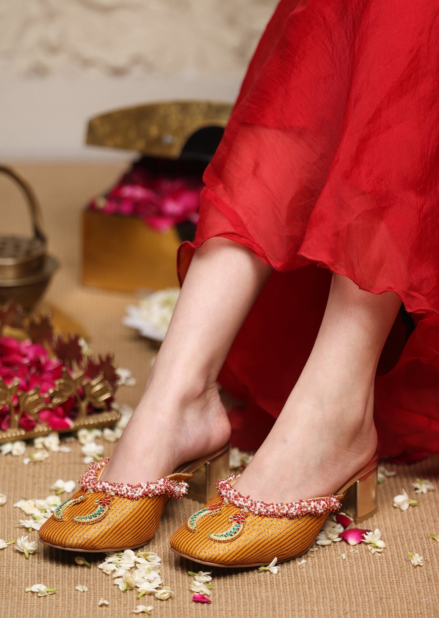 Yellow Embellished Heel Mules