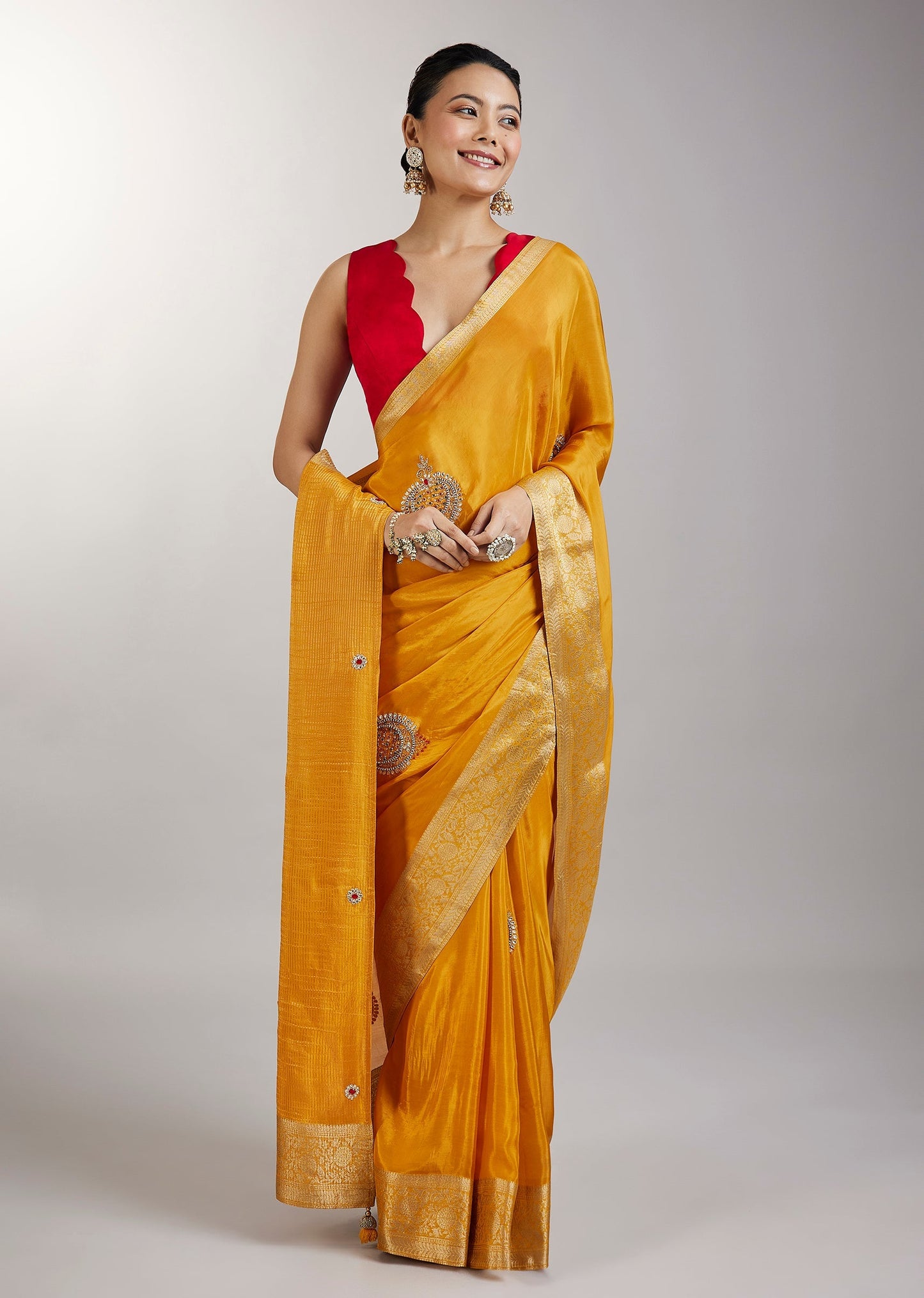 Yellow Embroidered Crepe Saree