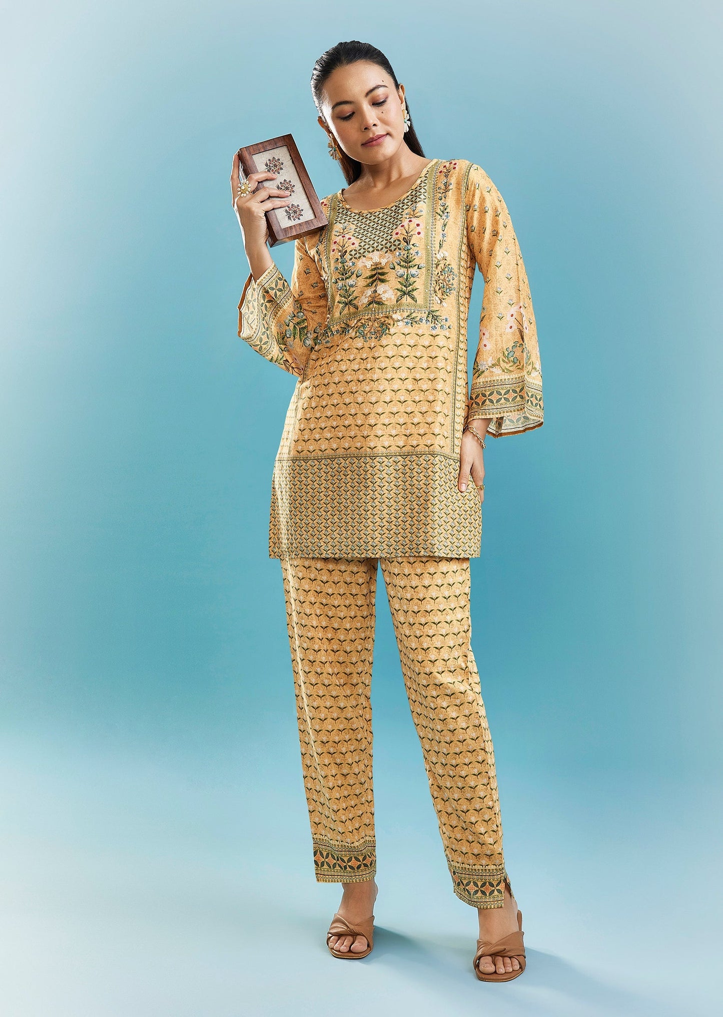 Yellow Floral Co-ord Set With Cut Dana And Sequins Work