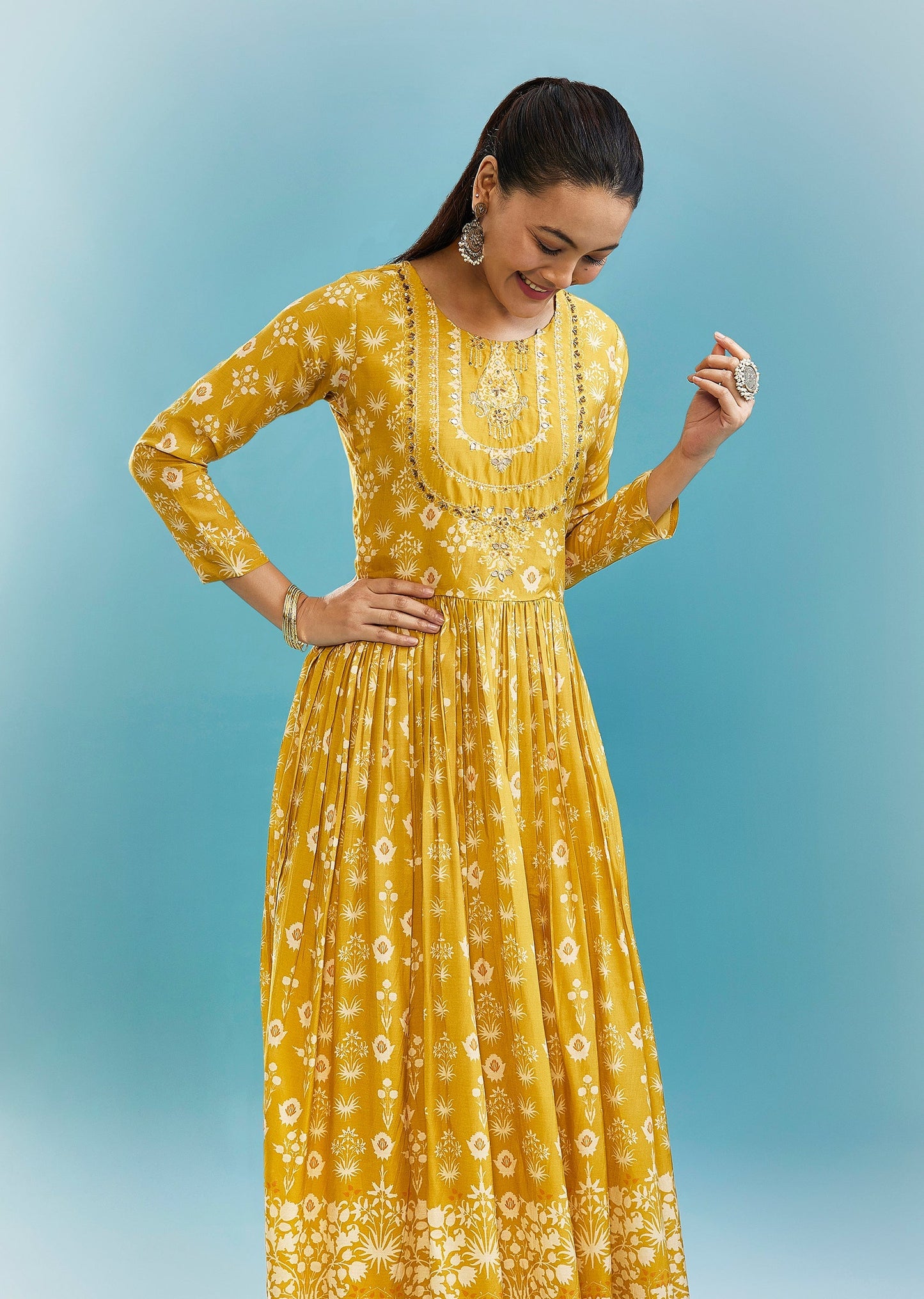 Yellow Floral Kurti With Zari Work