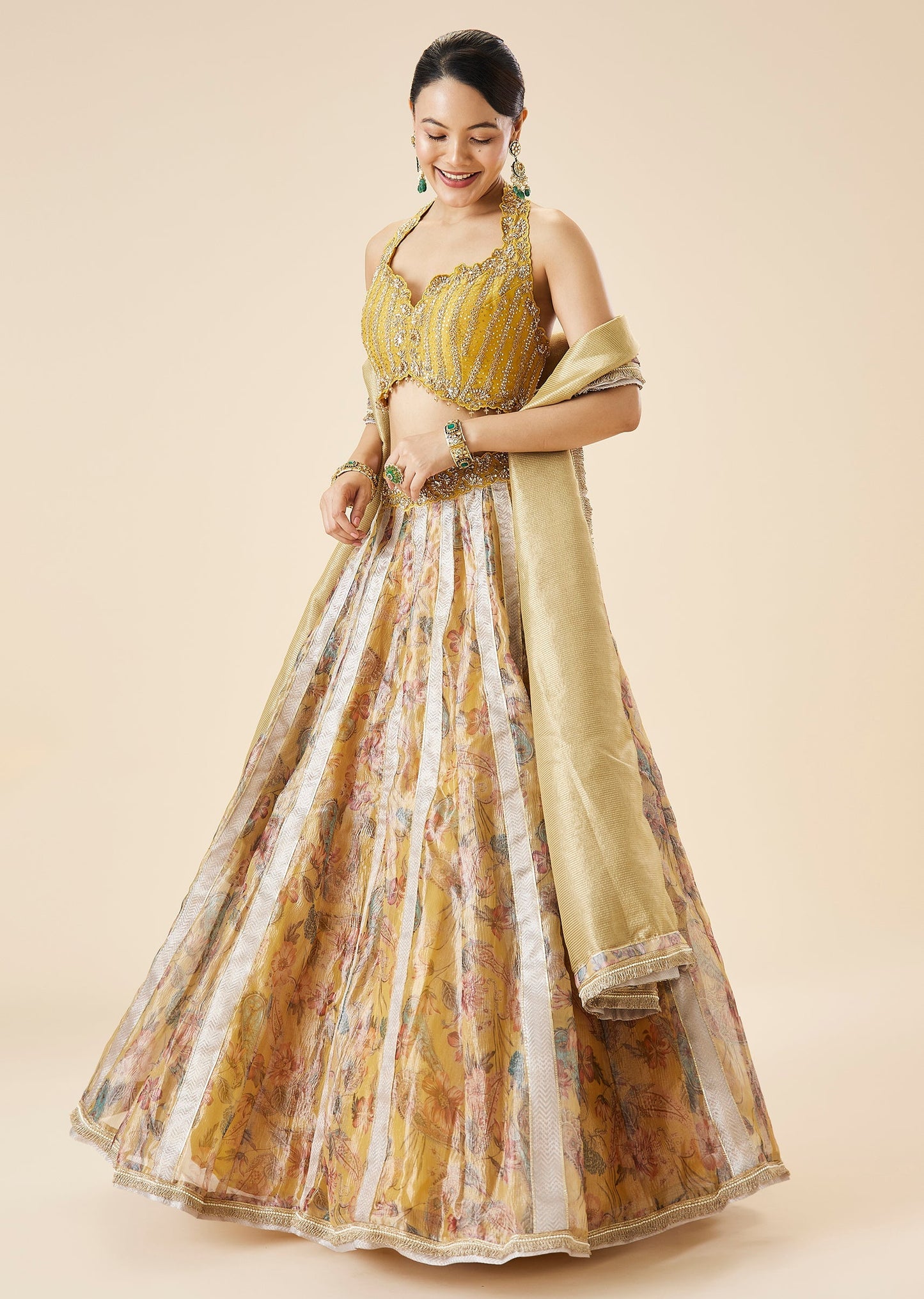 Yellow Floral Print And Embroidered Lehenga Set