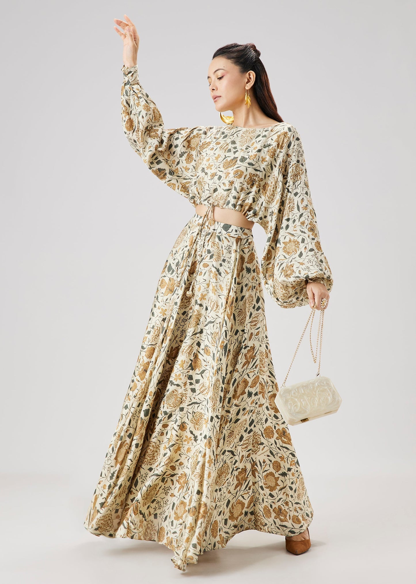 Yellow Floral Printed Crop Top And Skirt Set