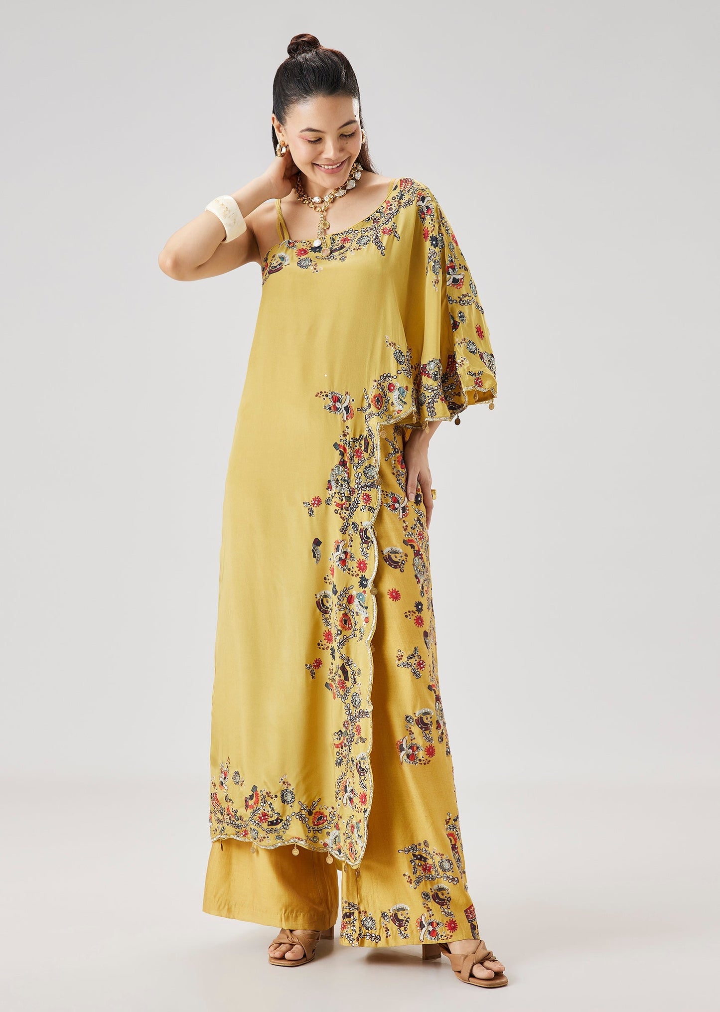 Yellow OneShoulder Printed Crop Top Palazzo Set