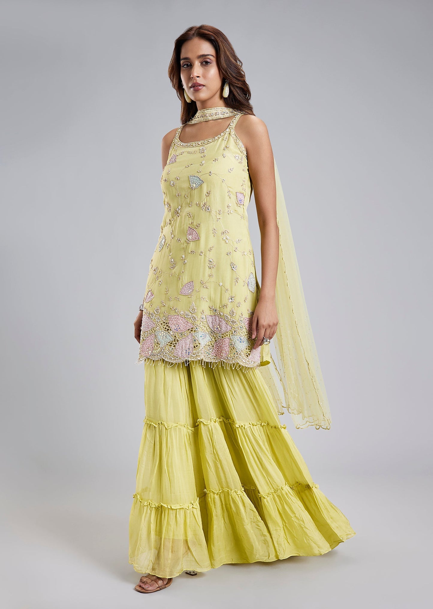 Yellow Organza Sharara Set With Floral Patch Embroidery And Dupatta