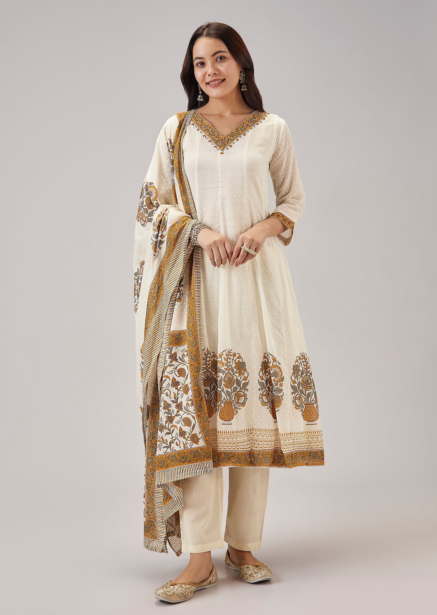 Yellow Hand Block Printed Anarkali With Cut Dana Work