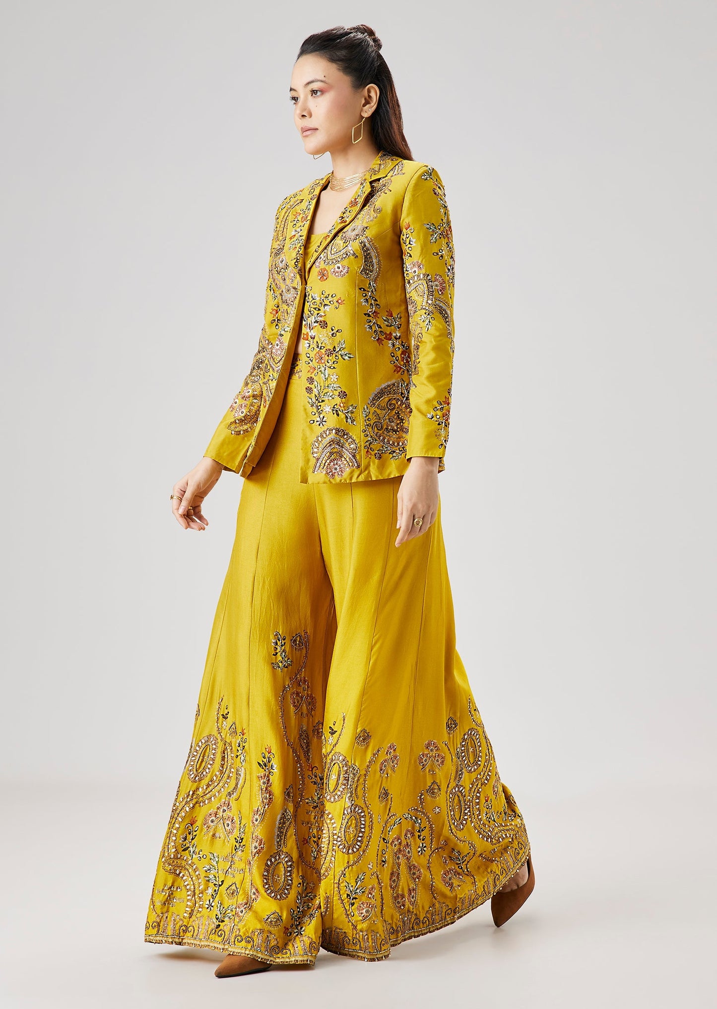Yellow Printed Silk Crop Top Palazzo Set With Embellished Jacket