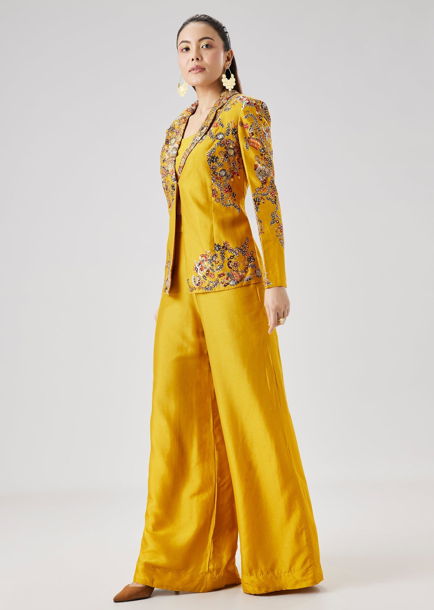 Yellow Printed Silk Ensemble with Crop Top Palazzo Pants And Embellished Jacket