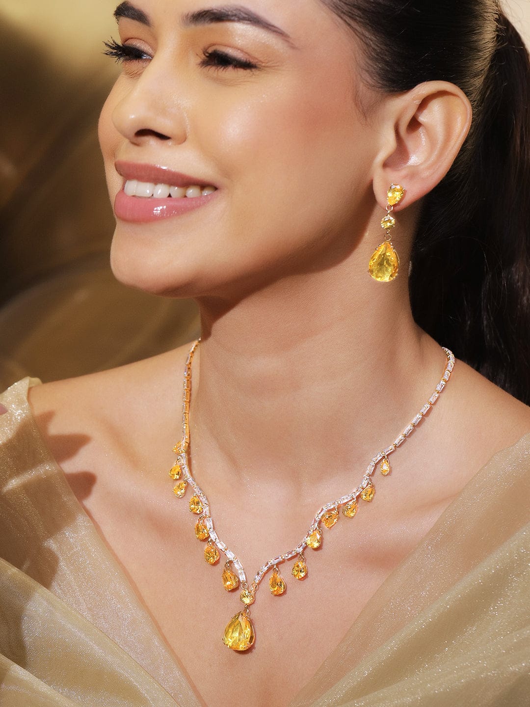 Yellow Raindrop Crystal Necklace Set