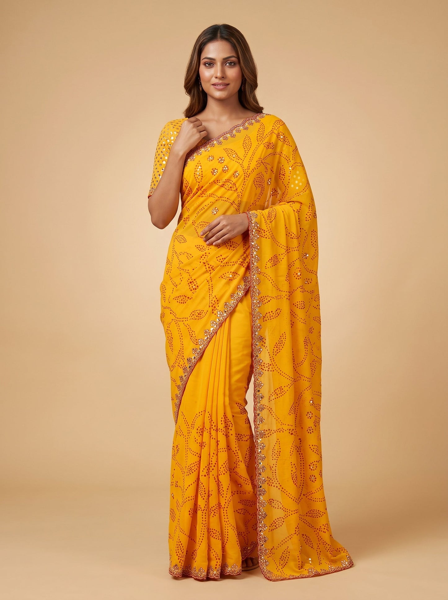 Yellow Red Fusion Embroidered Saree