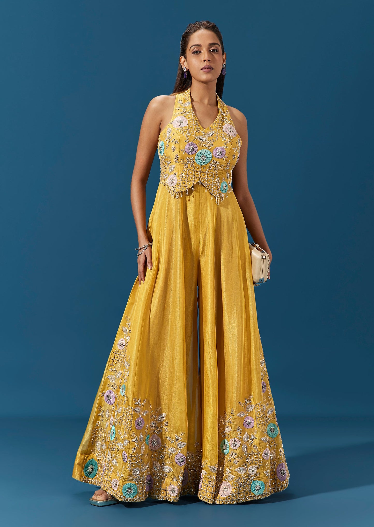Yellow Tissue Embroidered Jumpsuit With Cut Dana And Zari Work