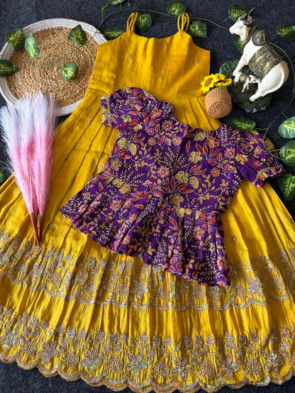 Evanik Designer Yellow Tissue Silk Embroidered Work Gown With koti for Kids