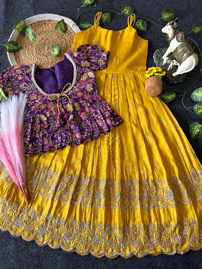 Evanik Designer Yellow Tissue Silk Embroidered Work Gown With koti for Kids