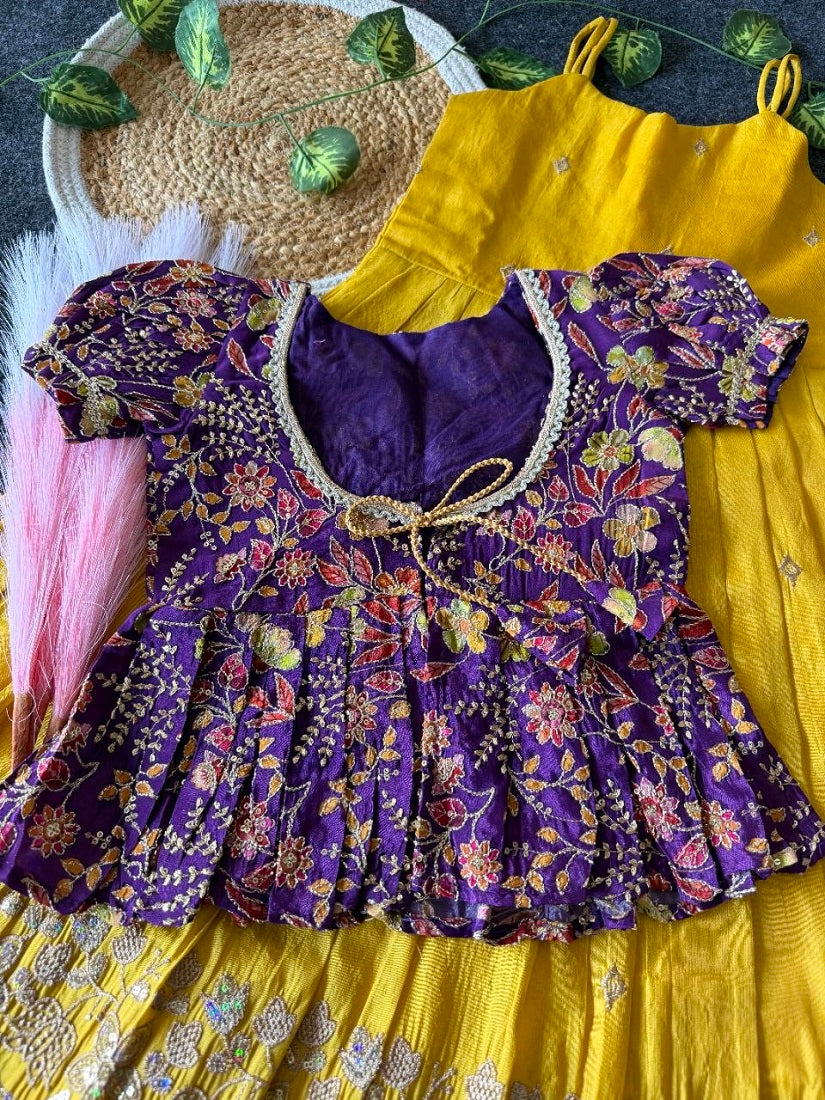 Evanik Designer Yellow Tissue Silk Embroidered Work Gown With koti for Kids