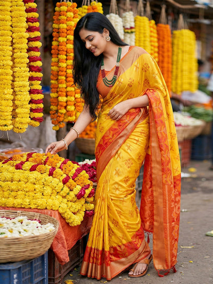 Anaita Yellow Pochampally Silk Woven Saree With Blouse