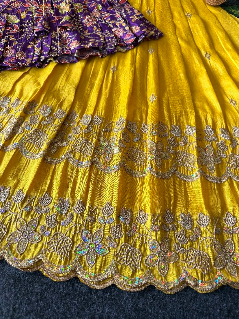 Evanik Designer Yellow Tissue Silk Embroidered Work Gown With koti for Kids