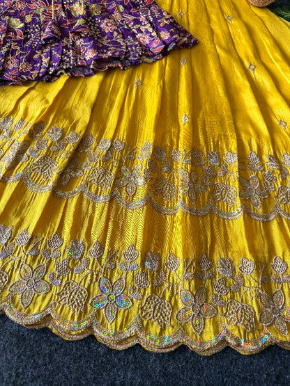 Evanik Designer Yellow Tissue Silk Embroidered Work Gown With koti for Kids