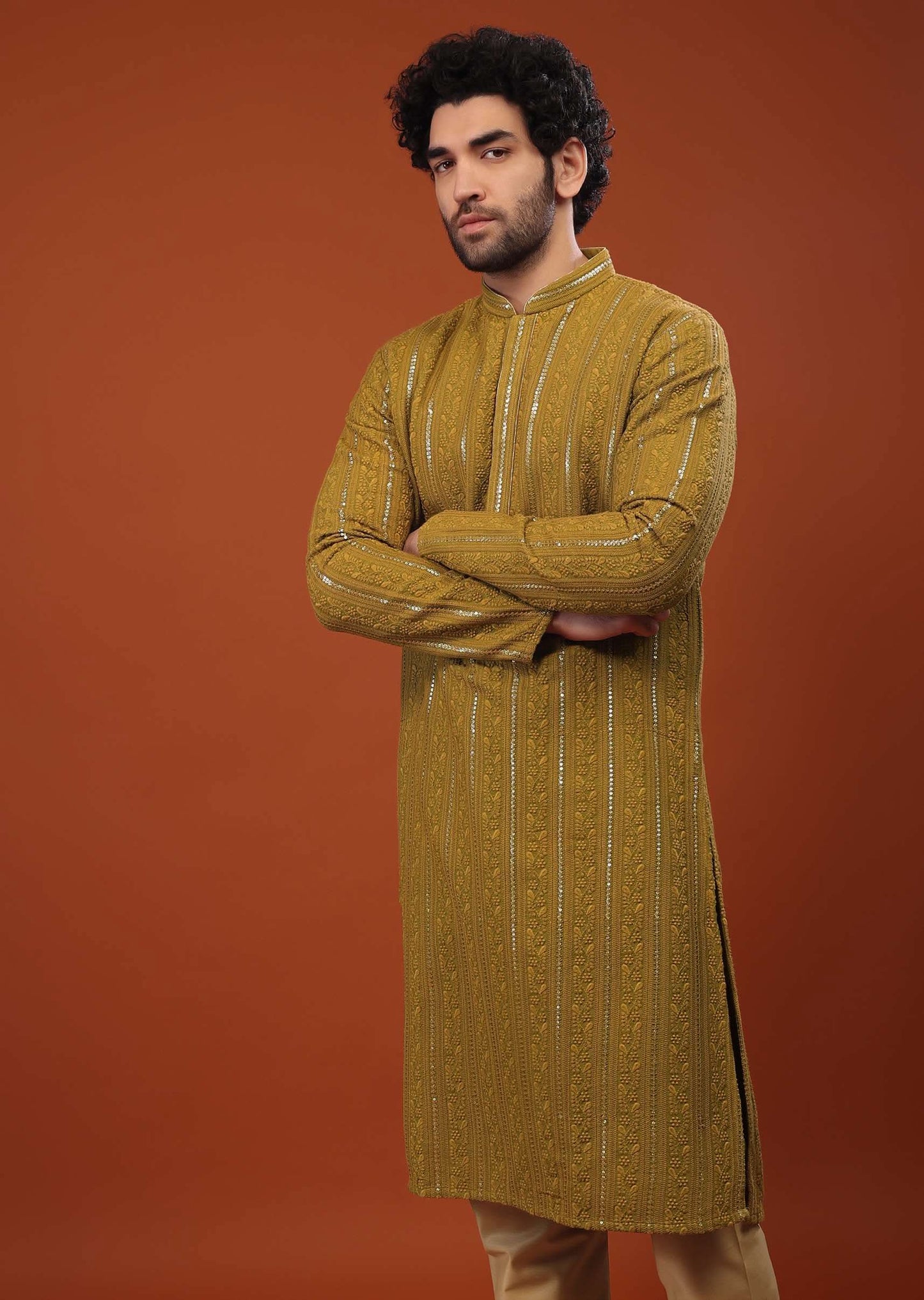 Yellow Cotton Silk Kurta Set With Sequins And Threadwork