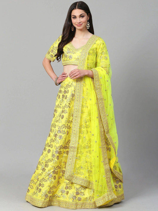 Tulsi Art Yellow & Gold-Toned Embroidered Semi-Stitched Myntra Party Wear Lehenga & Unstitched Blouse With Dupatta
