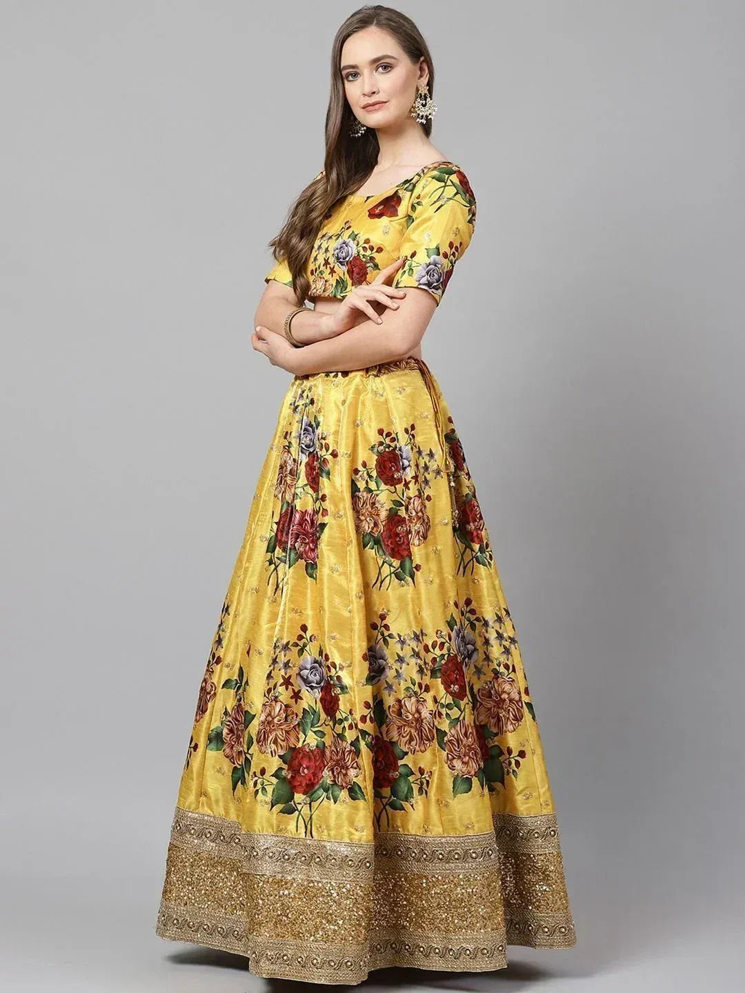 Tulsi Art Yellow & Burgundy Printed Semi-Stitched Myntra Lehenga & Unstitched Blouse With Dupatta