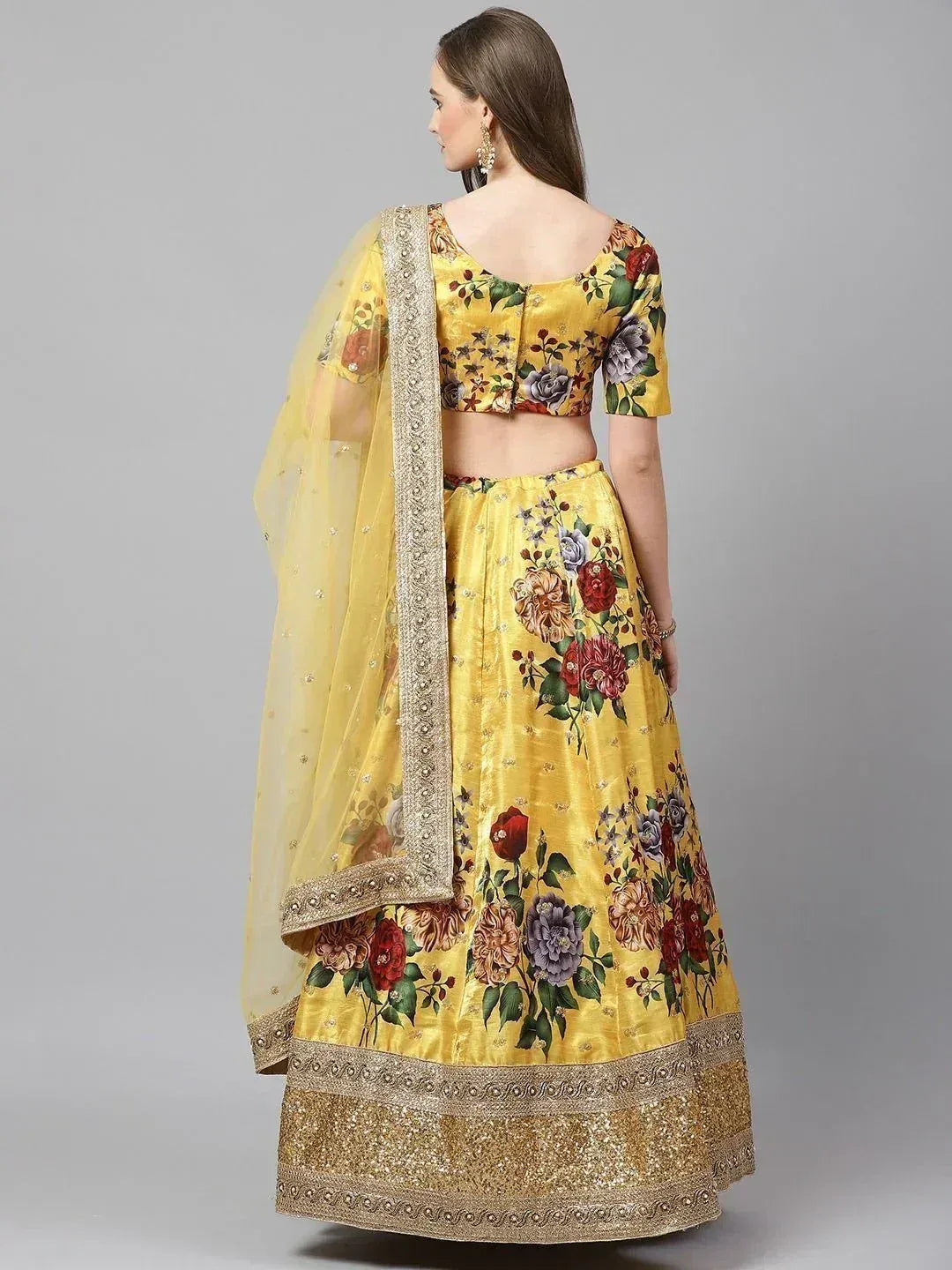 Tulsi Art Yellow & Burgundy Printed Semi-Stitched Myntra Lehenga & Unstitched Blouse With Dupatta