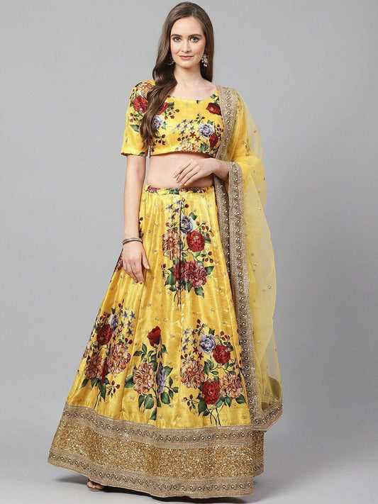 Tulsi Art Yellow & Burgundy Printed Semi-Stitched Myntra Lehenga & Unstitched Blouse With Dupatta