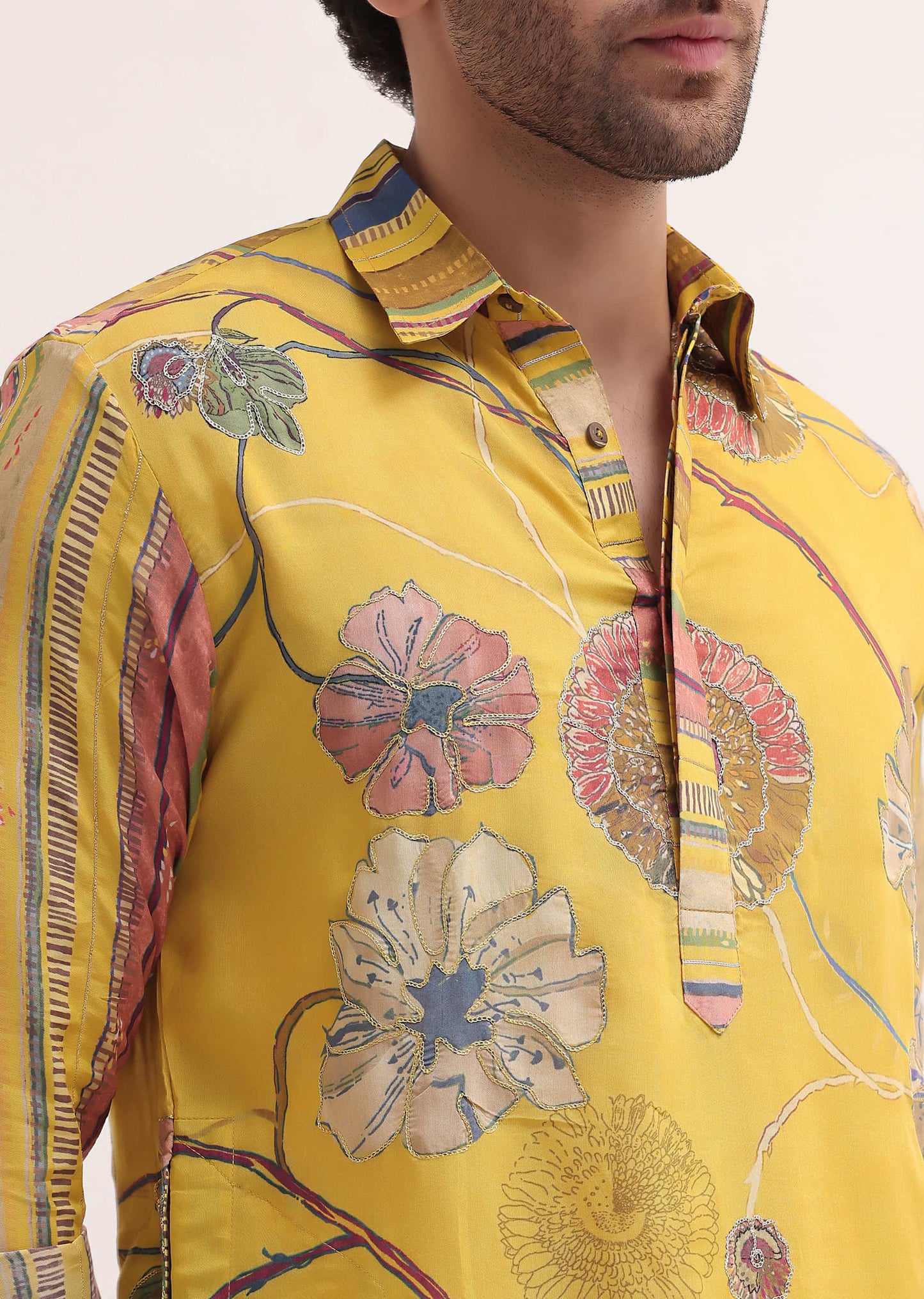 Yellow Resham Work Kurta Patiala Set For Men