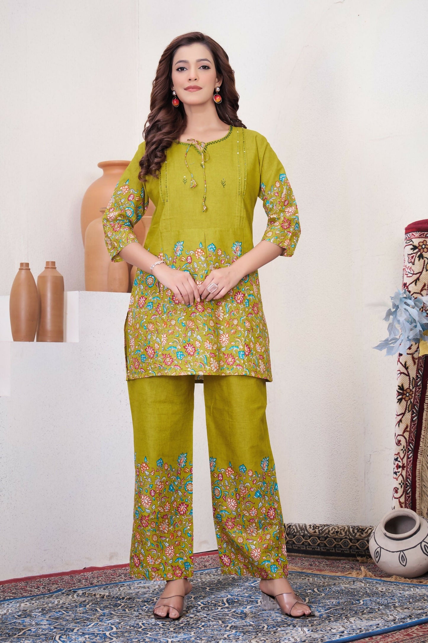 Teeya Creation Olive Green Floral Printed Short Kurta With Straight Pants Co-Ord Set