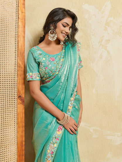 Teeya Creation New Stylish Trendy Party Wear Saree-Aqua_Blue