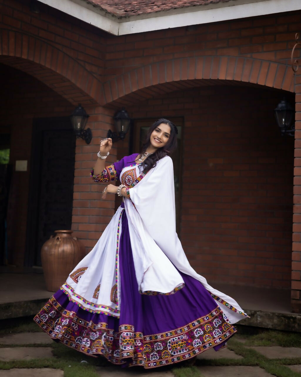 Yash Enterprise Purple White Rayon Cotton Embroidery Semi Stitched Navratri Top Chaniya Choli
