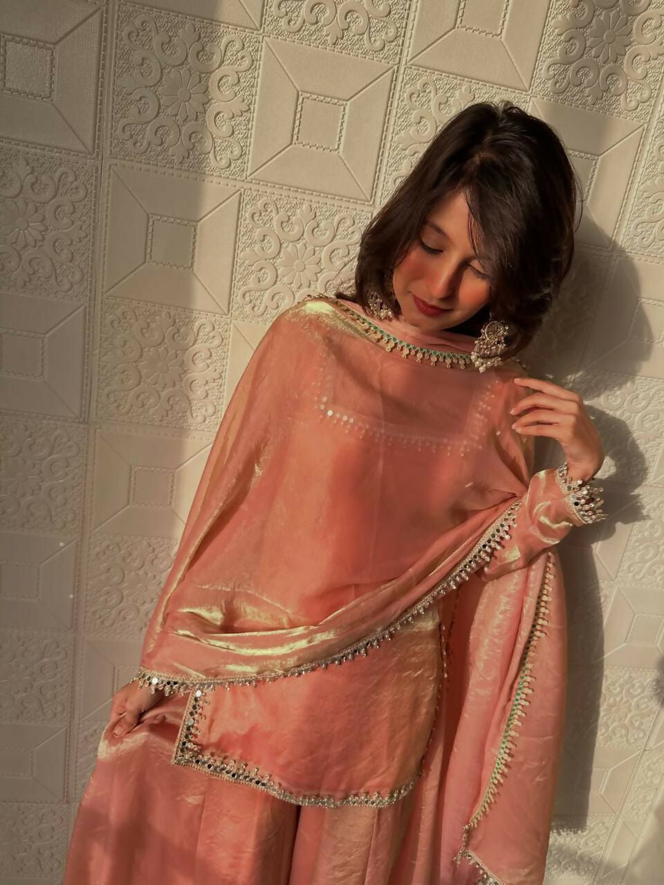 Teeya Creation Womens New Trending Less and Mirror Work Kurta Palazzo Set - Peach