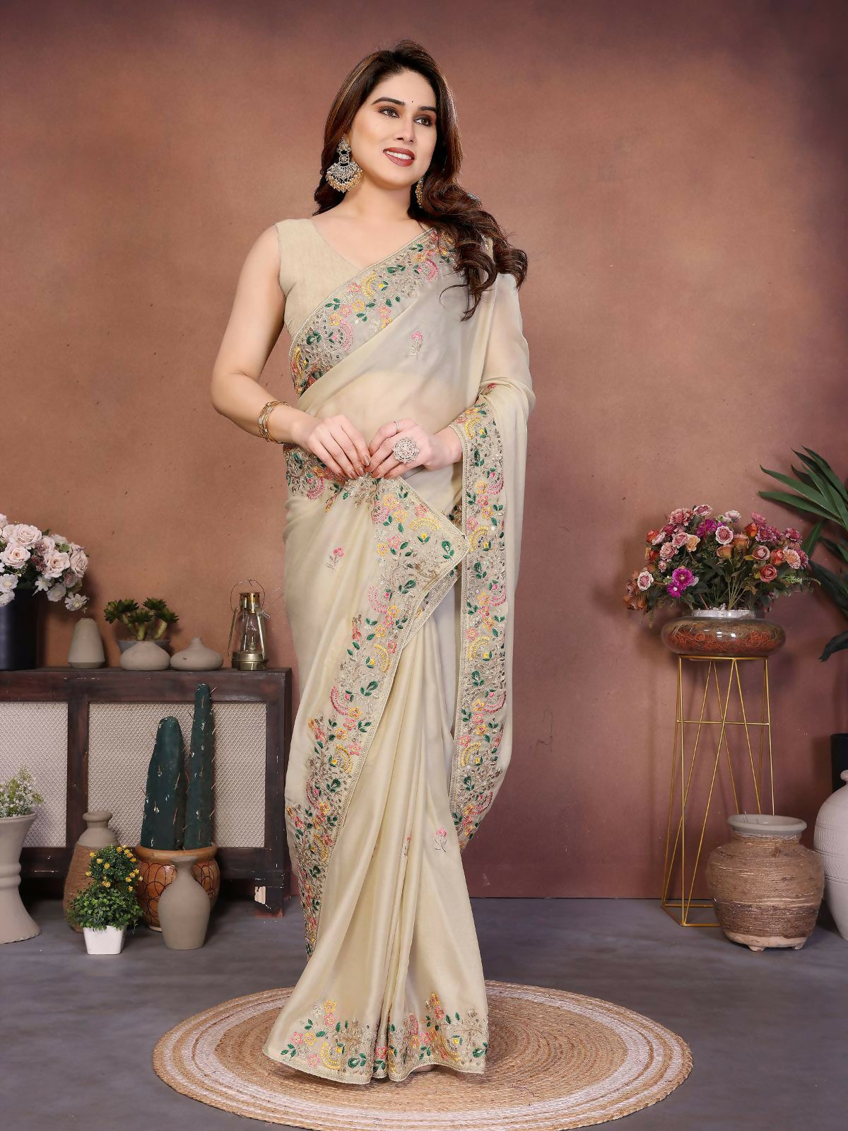 Teeya Creation New Trendy Party Wear Soft Silk Saree-Cream
