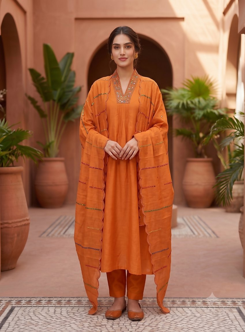 Teeya Creation Orange Silk Kurta Pant Set With Scalloped Dupatta