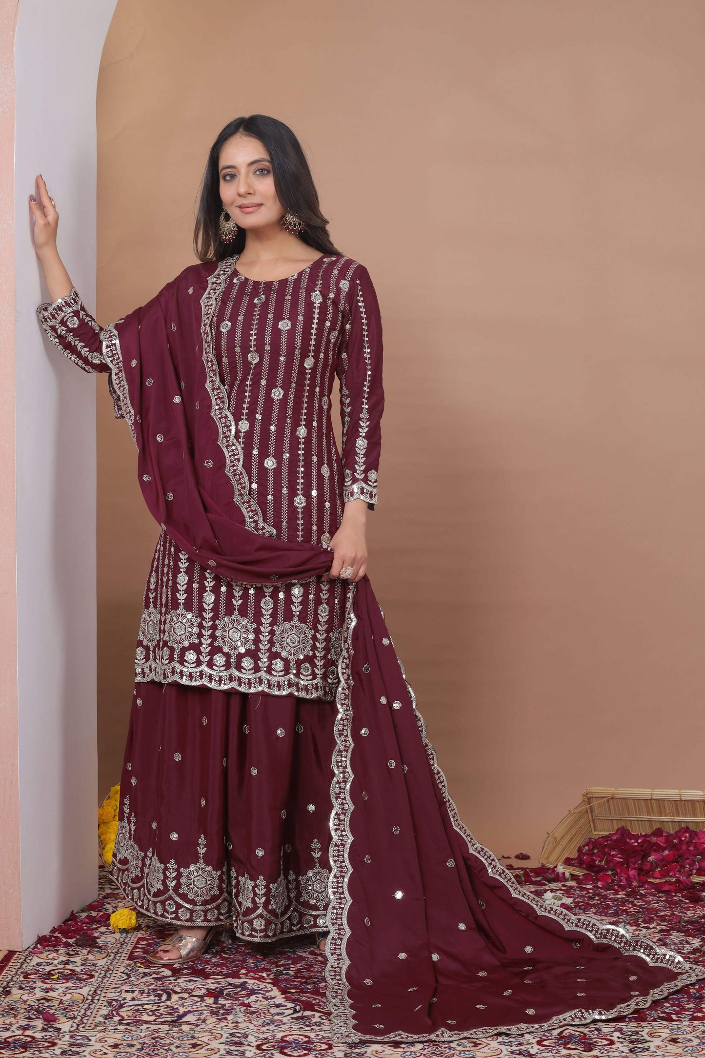 The52 Women's Gorgeous Embroidery Work Natural Crep Fabric Straight Kurta Sharara and Dupatta Set
