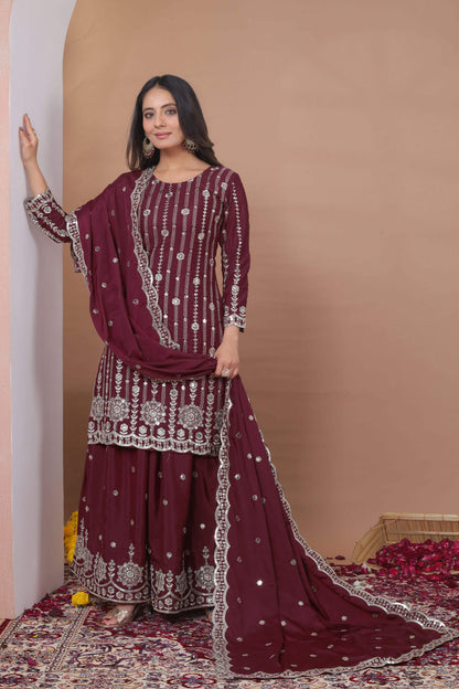 The52 Women's Gorgeous Embroidery Work Natural Crep Fabric Straight Kurta Sharara and Dupatta Set