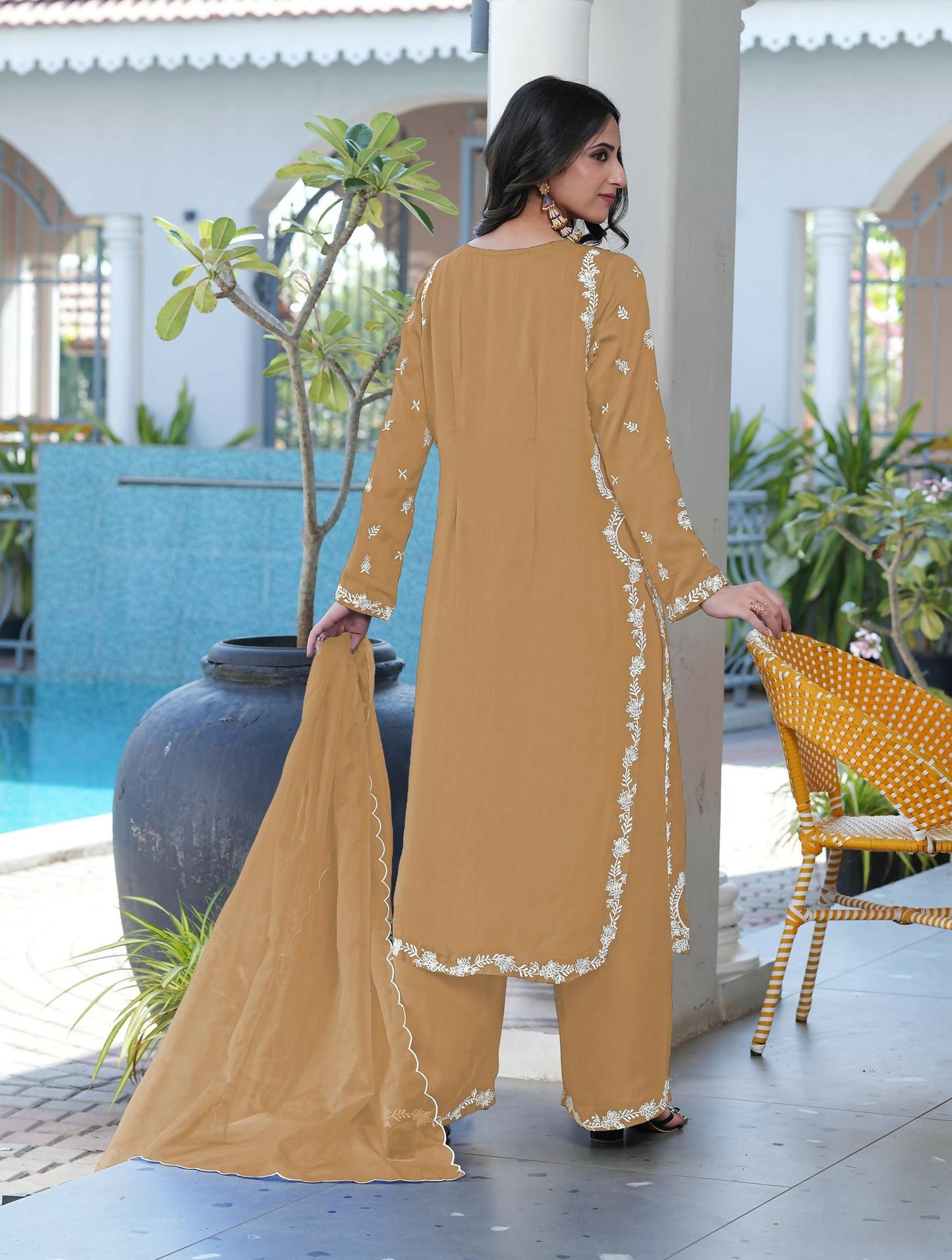 Nikhaar Light Brown Embroidered Modal Silk Stitched Straight Cut Kurta Culottes Dupatta Readymade Suit