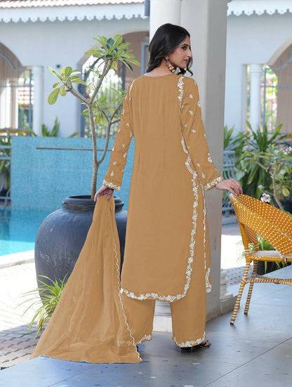 Nikhaar Light Brown Embroidered Modal Silk Stitched Straight Cut Kurta Culottes Dupatta Readymade Suit