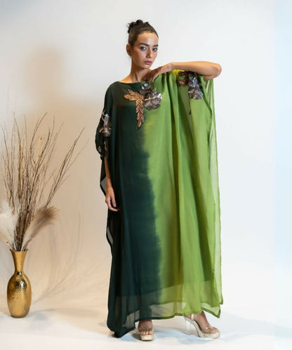 Timaraa Forest Green Ombre Embellished Georgette Kaftan Dress
