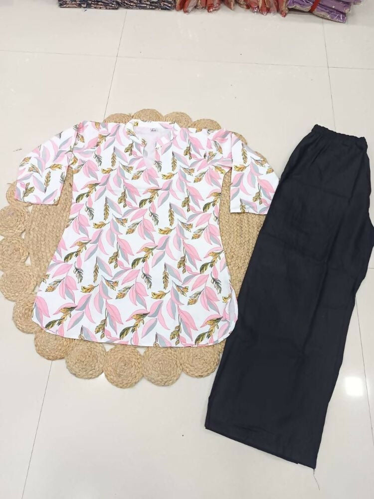 Teeya Creation Womens New Trendy Pink Flower Floral Printed Short Kurti with Beige Palazzo Set