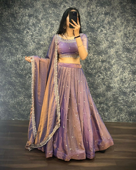 Teeya Creation Womens New Trendy Radiant Purple Hand-Embroidered Silk Lehenga Choli Set