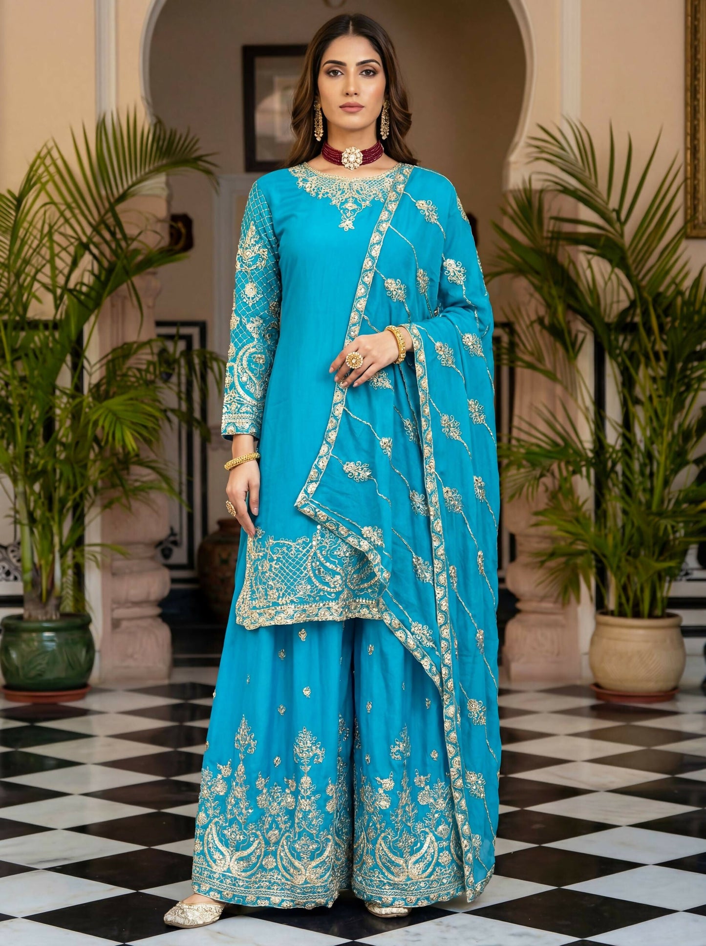 Teeya Creation New Trendy Traditional Wear Sharara with Heavy Border Dupatta Set - Sky-Blue