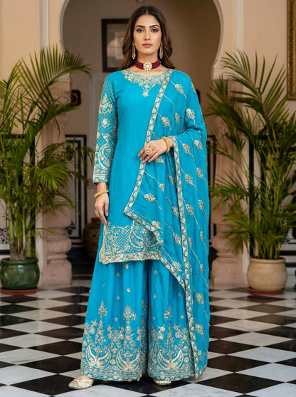 Teeya Creation New Trendy Traditional Wear Sharara with Heavy Border Dupatta Set - Sky-Blue
