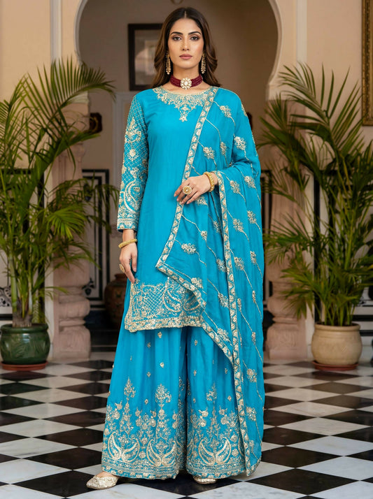 Teeya Creation New Trendy Traditional Wear Sharara with Heavy Border Dupatta Set - Sky-Blue