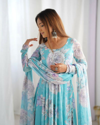 The52 Women's Gorgeous Printed Fox Georgette Fabric Flared Anarkali and Dupatta Set