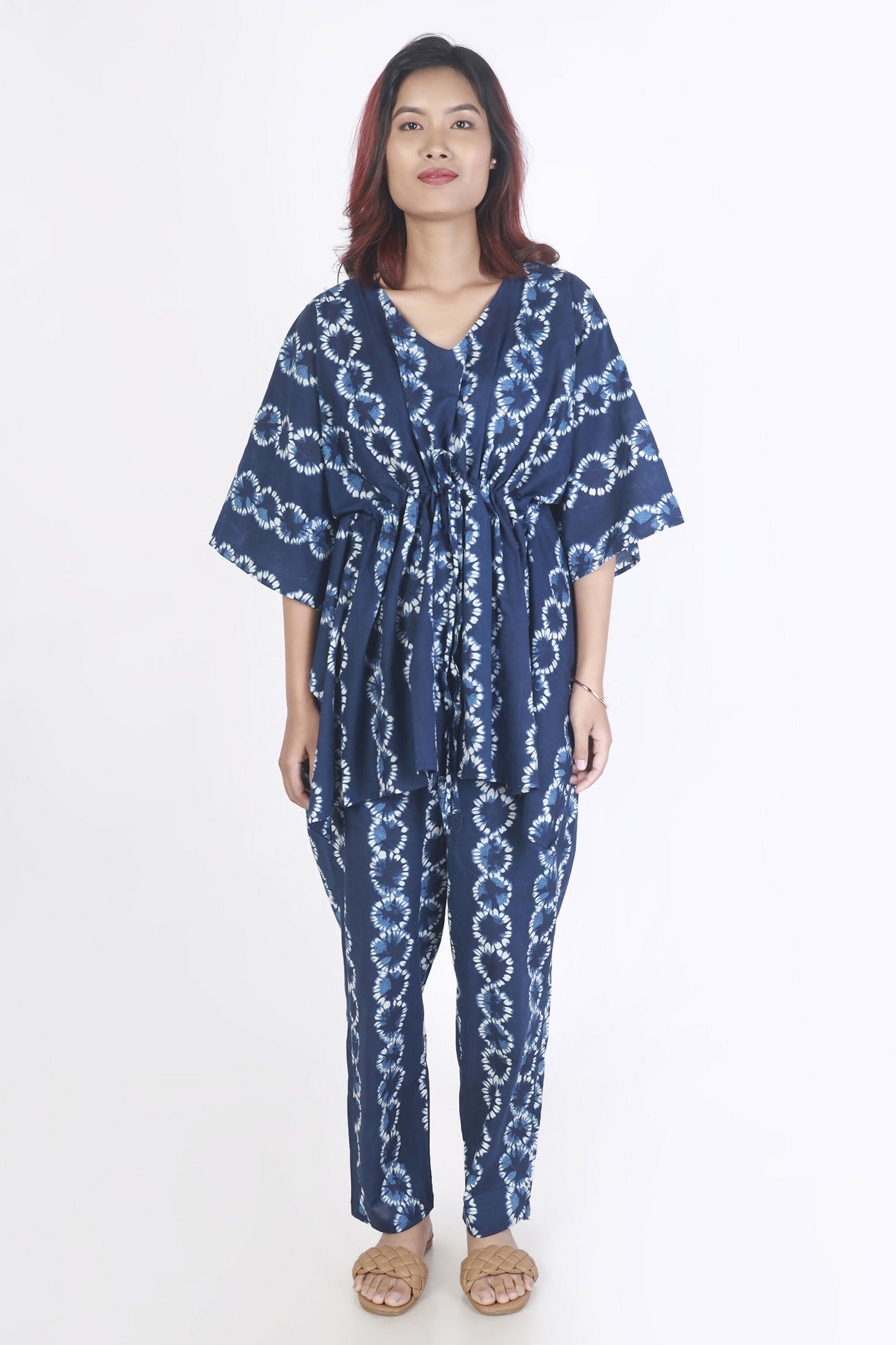 Breathables WomenS Loungewear Kaftan Cotton Blue Abstract Print Co-Ord Set