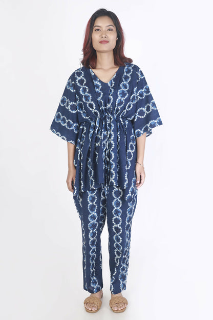 Breathables WomenS Loungewear Kaftan Cotton Blue Abstract Print Co-Ord Set