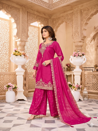 Teeya Creation Womens New Stylish Silk Embroidered Pink Sharara Suit With Golden Zari Work And Lace Border Dupatta