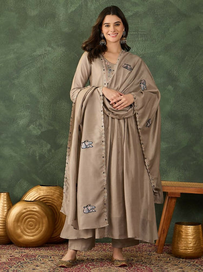 The52 Women's Gorgeous Embroidery Work Vichitra SIlk Fabric Flared Anarkali Pant and Dupatta Set