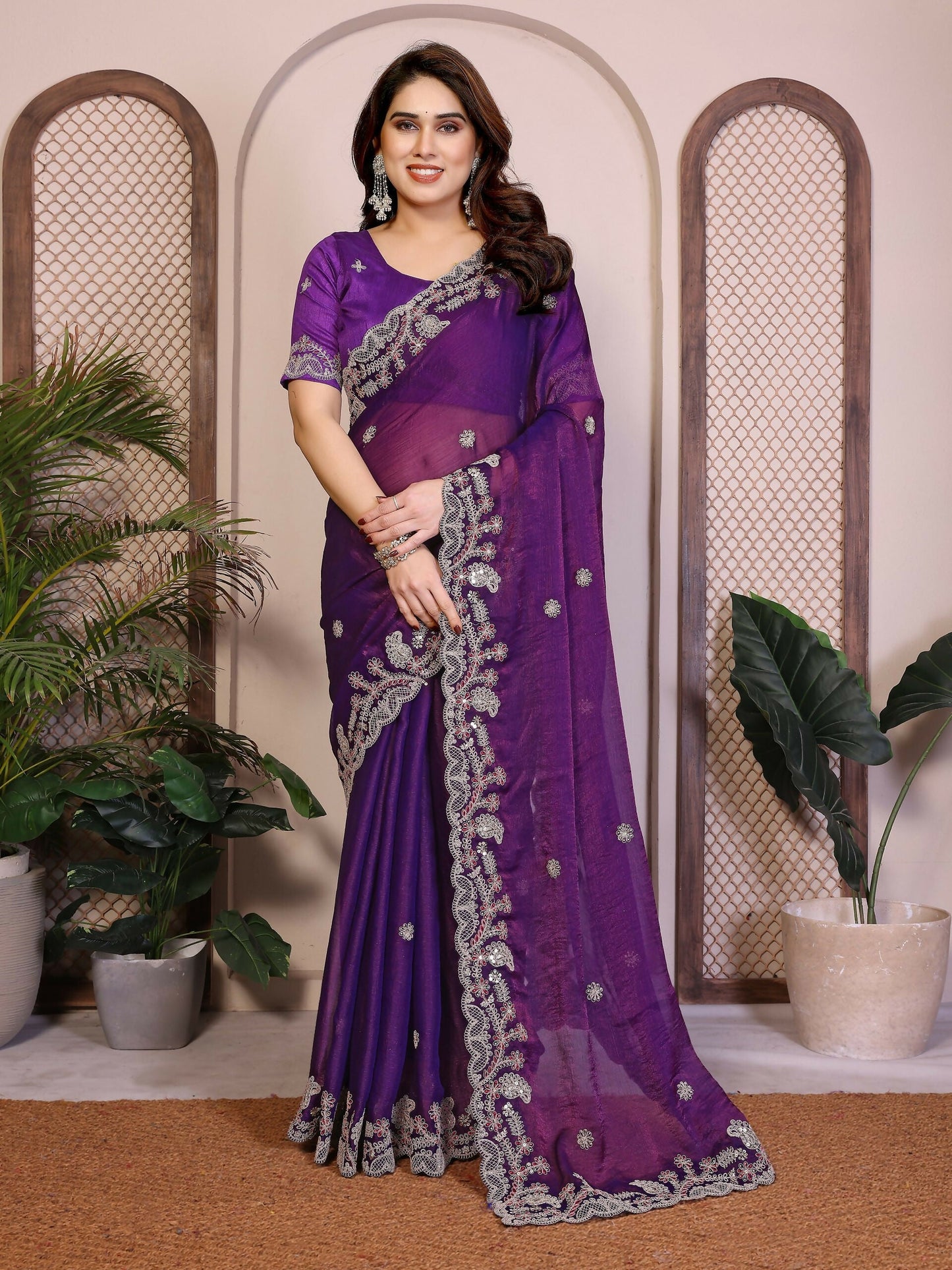 Teeya Creation New Womens Latest Party Wear Soft Chiffon Silk Saree-Purple