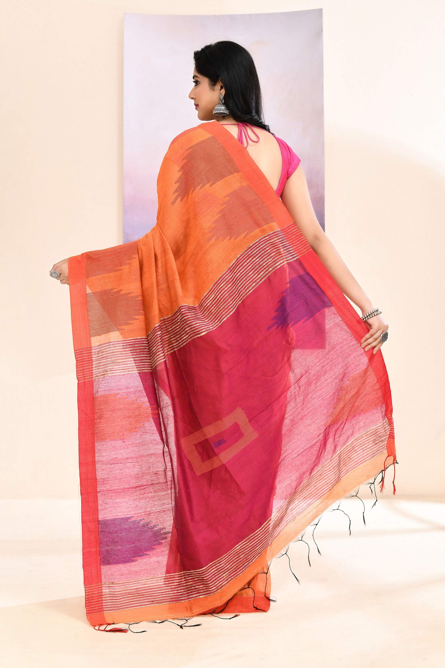 Piyari Fashion Women's Orange Temple Border Embellished Cotton Blend Jamdani Saree
