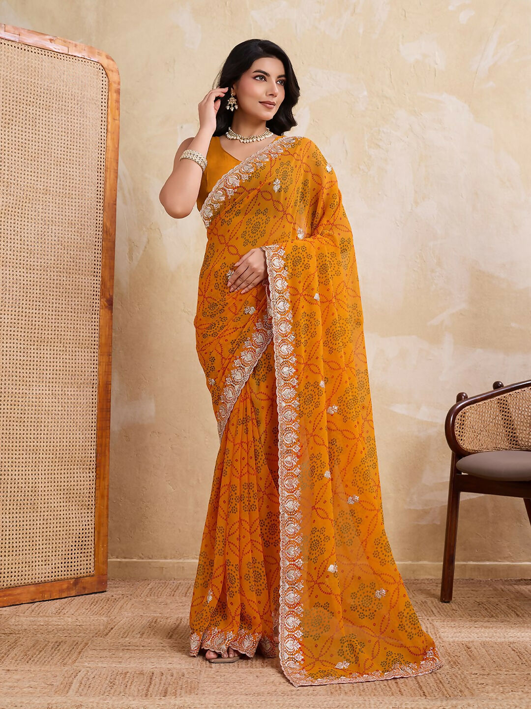 Teeya Creation New Trendy Leheriya Bandhani Georgette Saree For Daily Wear -Yellow